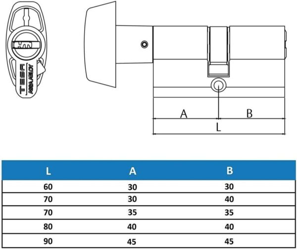 (35x35 mm) Cilindro de Alta Segurança Tesa Assa Abloy Botão Leva Larga Latonado