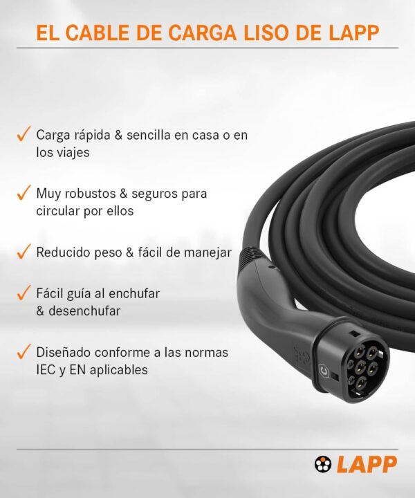 Cabo de carregamento EV Tipo 2 LAPP Mobility 2.22 kW 32 A Trifásico Modo 3/5 m para Carros Elétricos