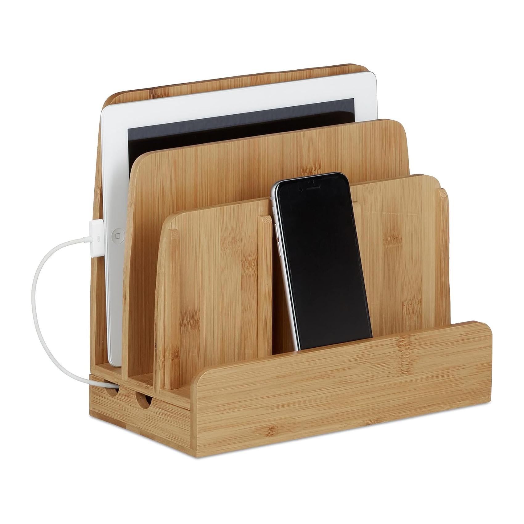 Estação de Carga Relaxdays para Tablets e Smartphones Em Bambu Natural 23x25.5x13.5 cm