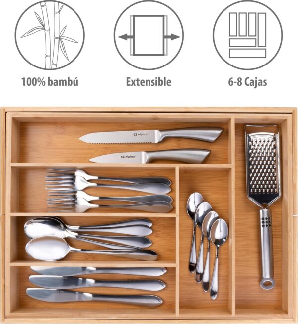 Organizador de Gavetas 46x34-56,5x6 cm Alpina Extensível Bambu para Utensílios