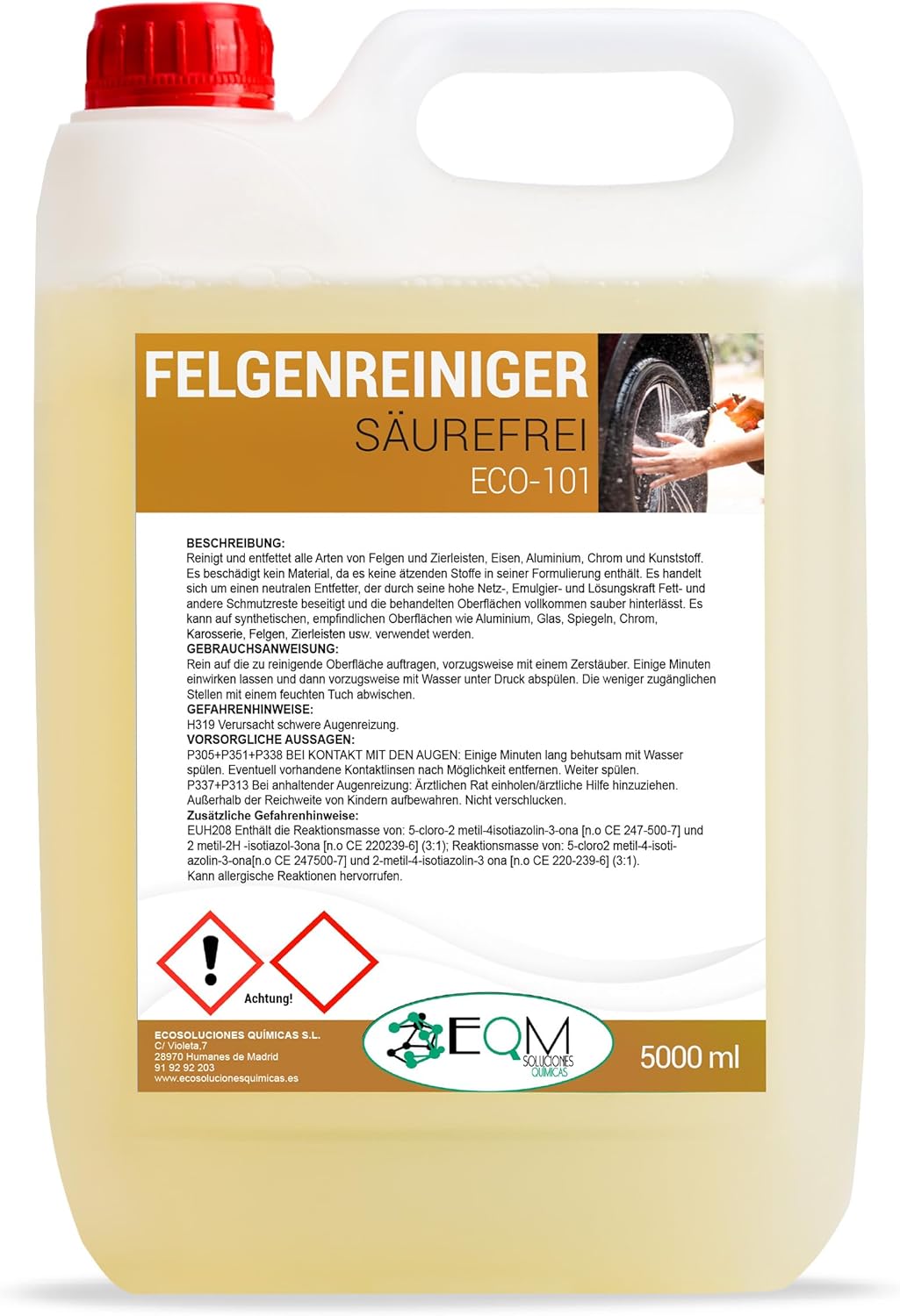 Limpa Jantes Profissional EQM Soluciones   ECO-101 pH Neutro Seguro para Todos os Tipos de Jantes