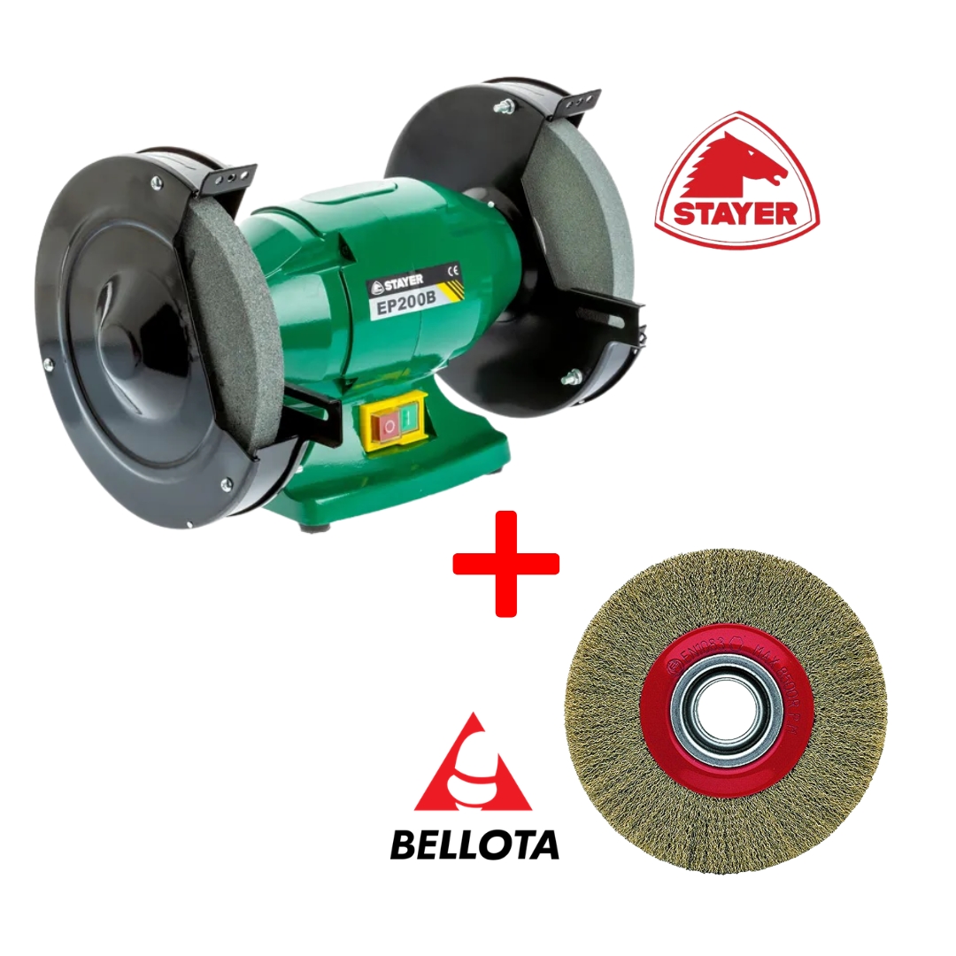 Esmeril de Bancada Stayer 200mm 350W + Disco Escova Bellota 200x20mm
