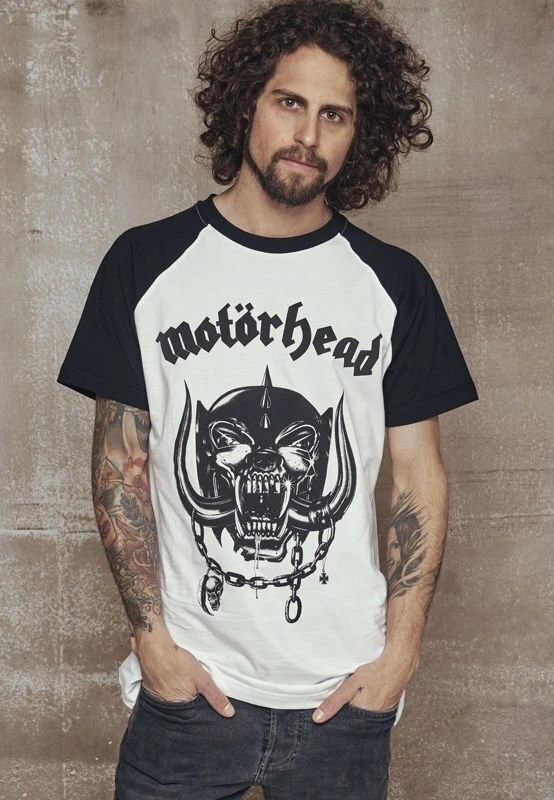 (L) T-Shirt Oficial Motörhead Raglan para Homem - “Everything is Louder with Lemmy” (Branco/Preto)