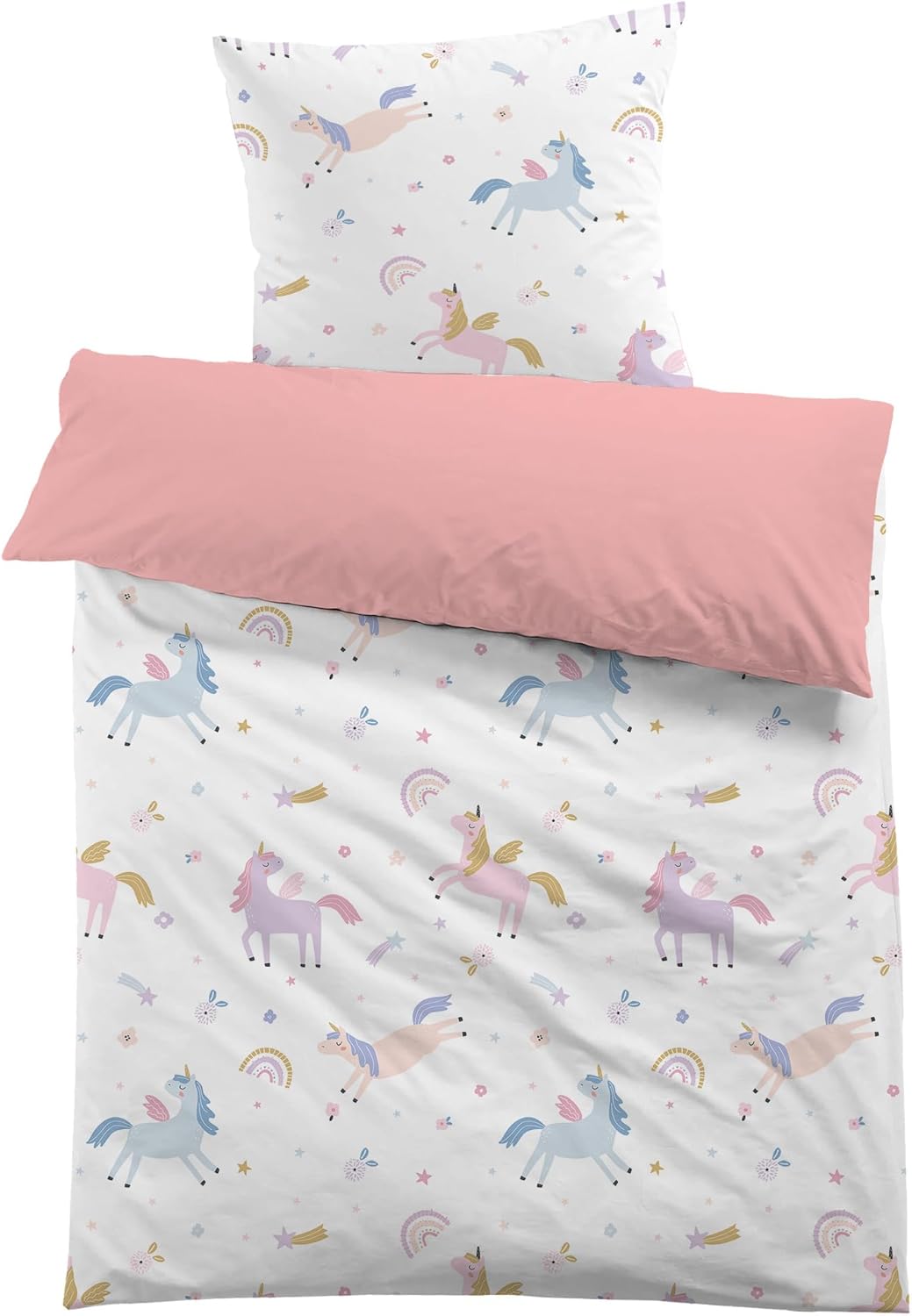 Capa Edredão + Almofada Infantil Unicornio 135x200 cm + 50x75cm MUSOLEI Em Microfibra 3D Rosa