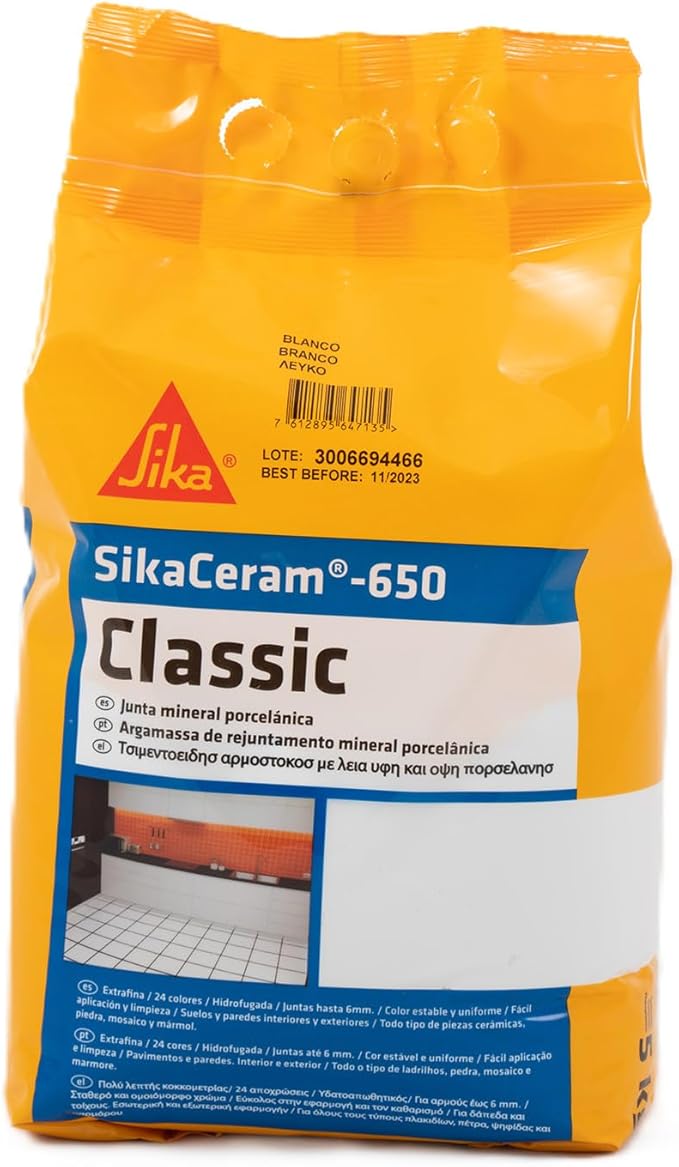Sika Ceram-650 Classic Junta mineral 4.8 kg porcelânica Marfim para enchimento de juntas de 1-6 mm em paramentos e pavimentos interiores e exteriores