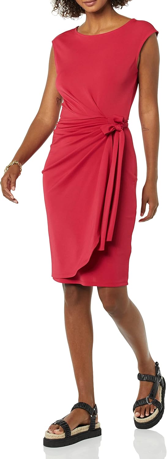 (XL) Vestido com falso cruzado com gola barco e manga Amazon Essentials Himbeerrot