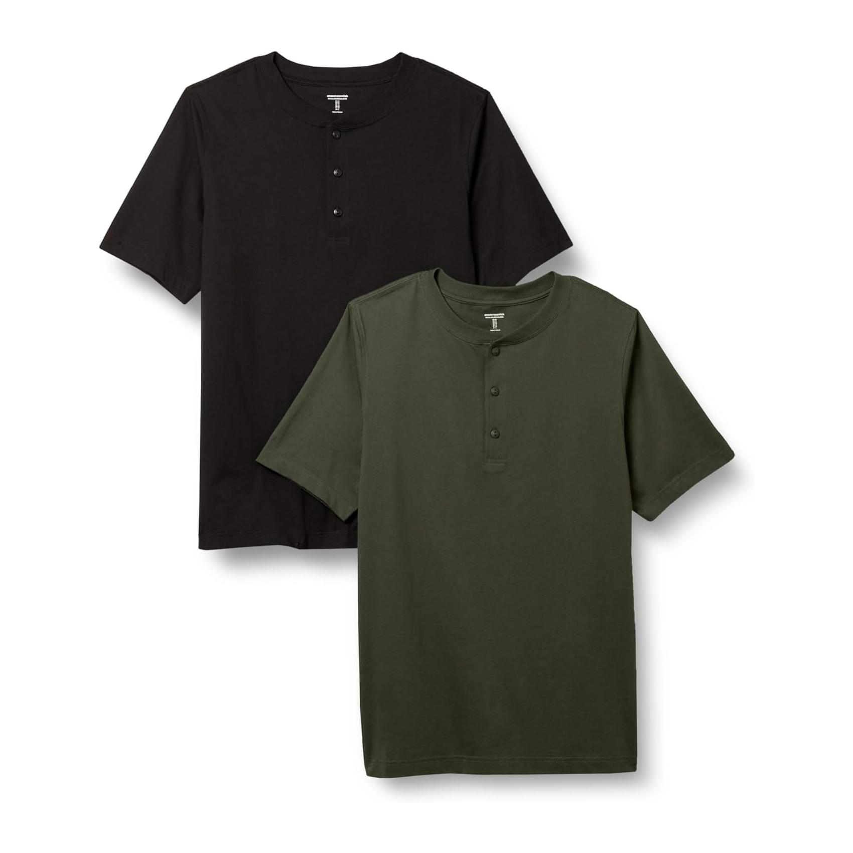 (S) T-Shirt Henley Amazon Essentials Manga Curta Algodão 2 Unidades Oliva/Preto
