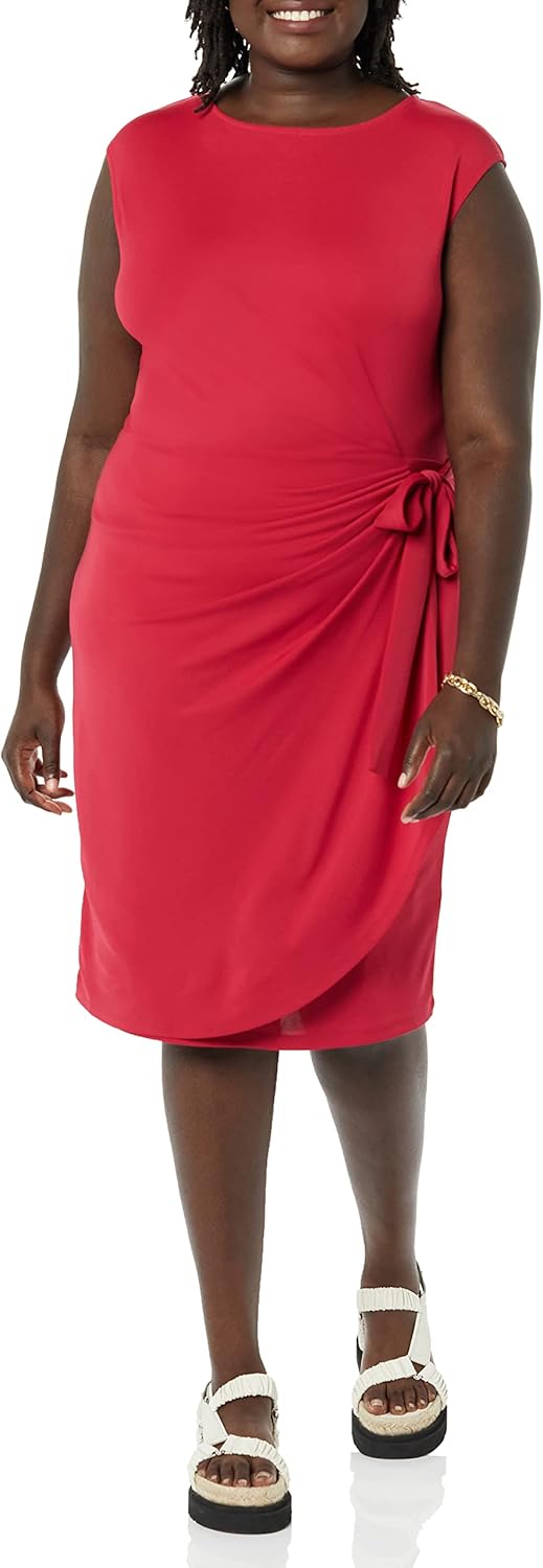 (XL) Vestido com falso cruzado com gola barco e manga Amazon Essentials Himbeerrot