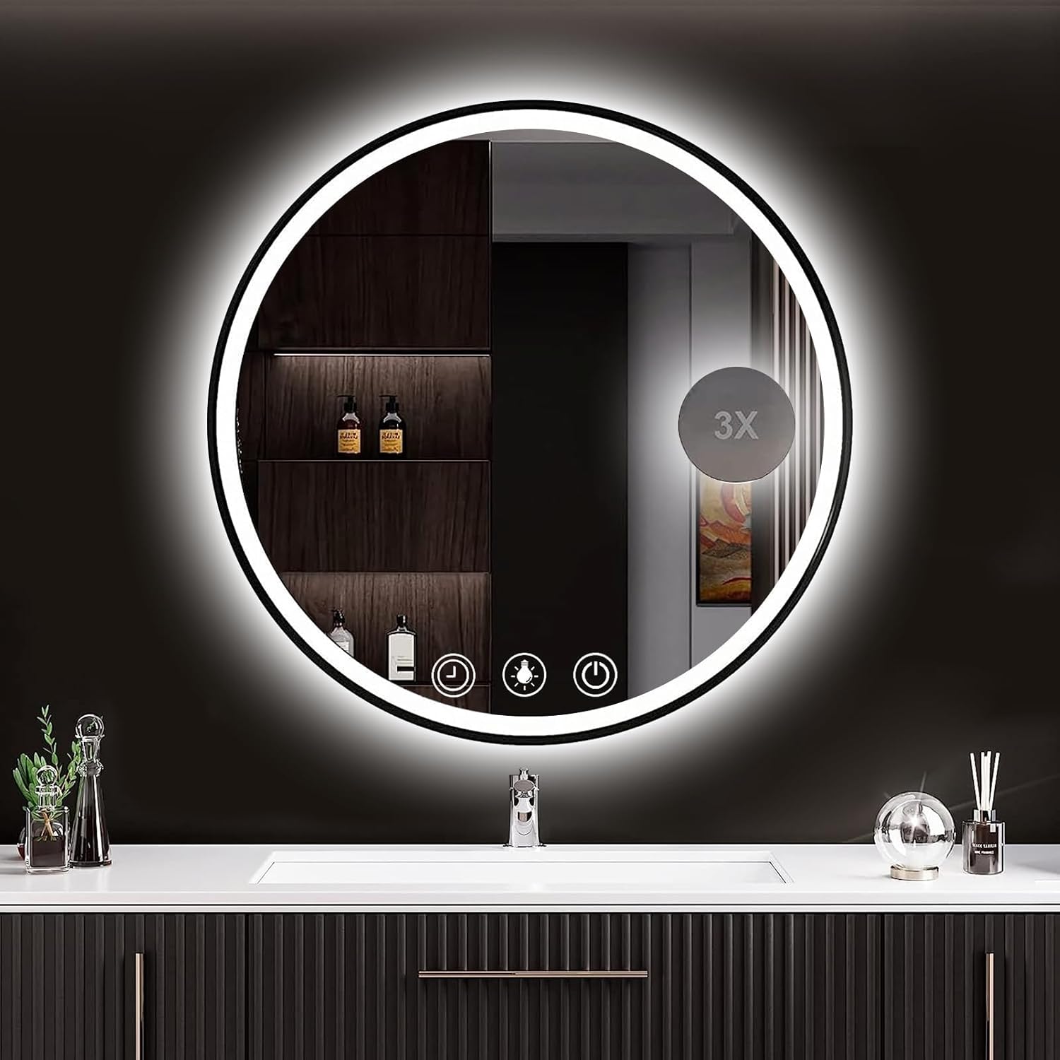 Espelho de casa de banho LED redondo 60 cm relógio e lupa 3X função anti-embaciamento