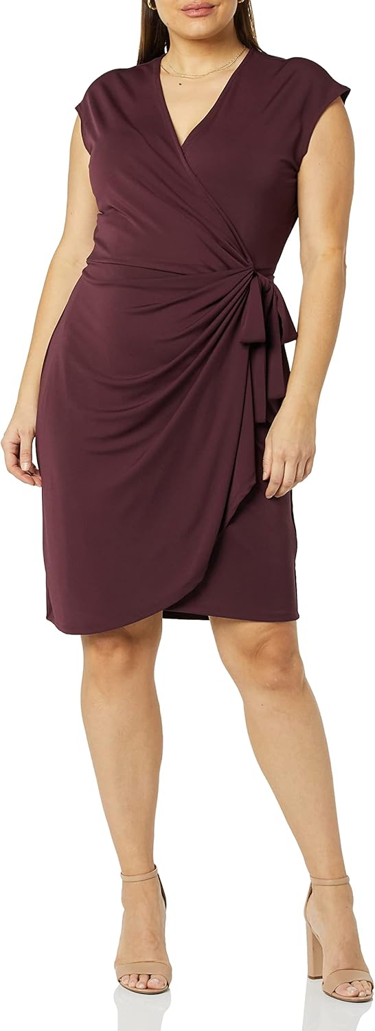 (XL) Vestido cruzado clássico com mangas curtas para Mulher Amazon Essentials Bordô