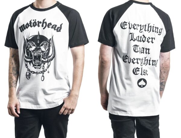 (L) T-Shirt Oficial Motörhead Raglan para Homem - “Everything is Louder with Lemmy” (Branco/Preto)
