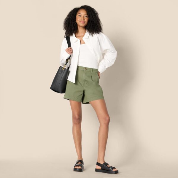 (42-44W) Calções Mulher Tiro Alto Corte Reto Verde Oliva Amazon Essentials