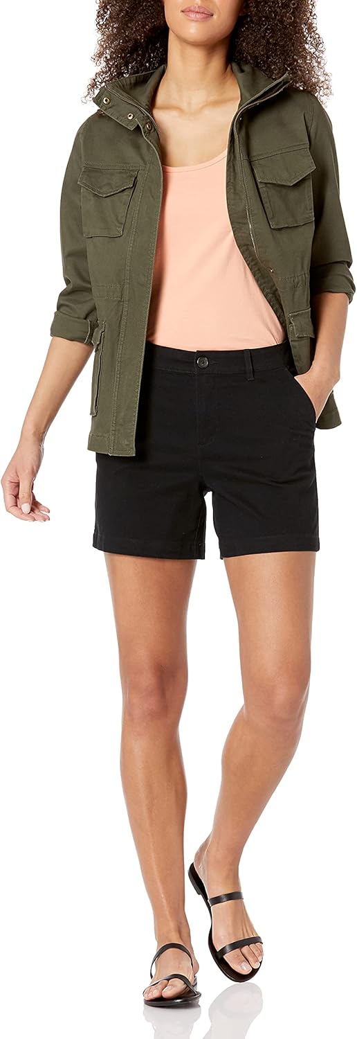 (46) Calções Khaki Cintura Média Corte Justo Amazon Essentials 13 cm Preto Mulher