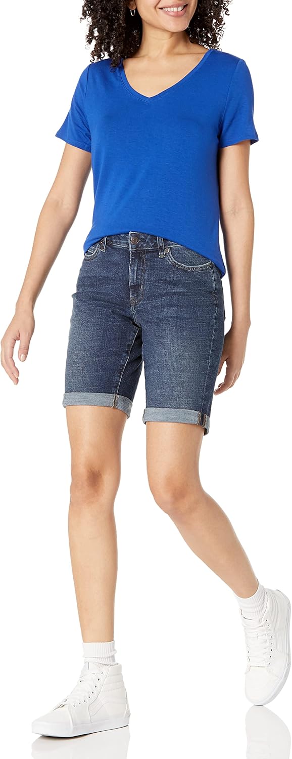 (46) Calções tecido jeans de corte ajustado de 23 cm Denim Escuro - Mulher