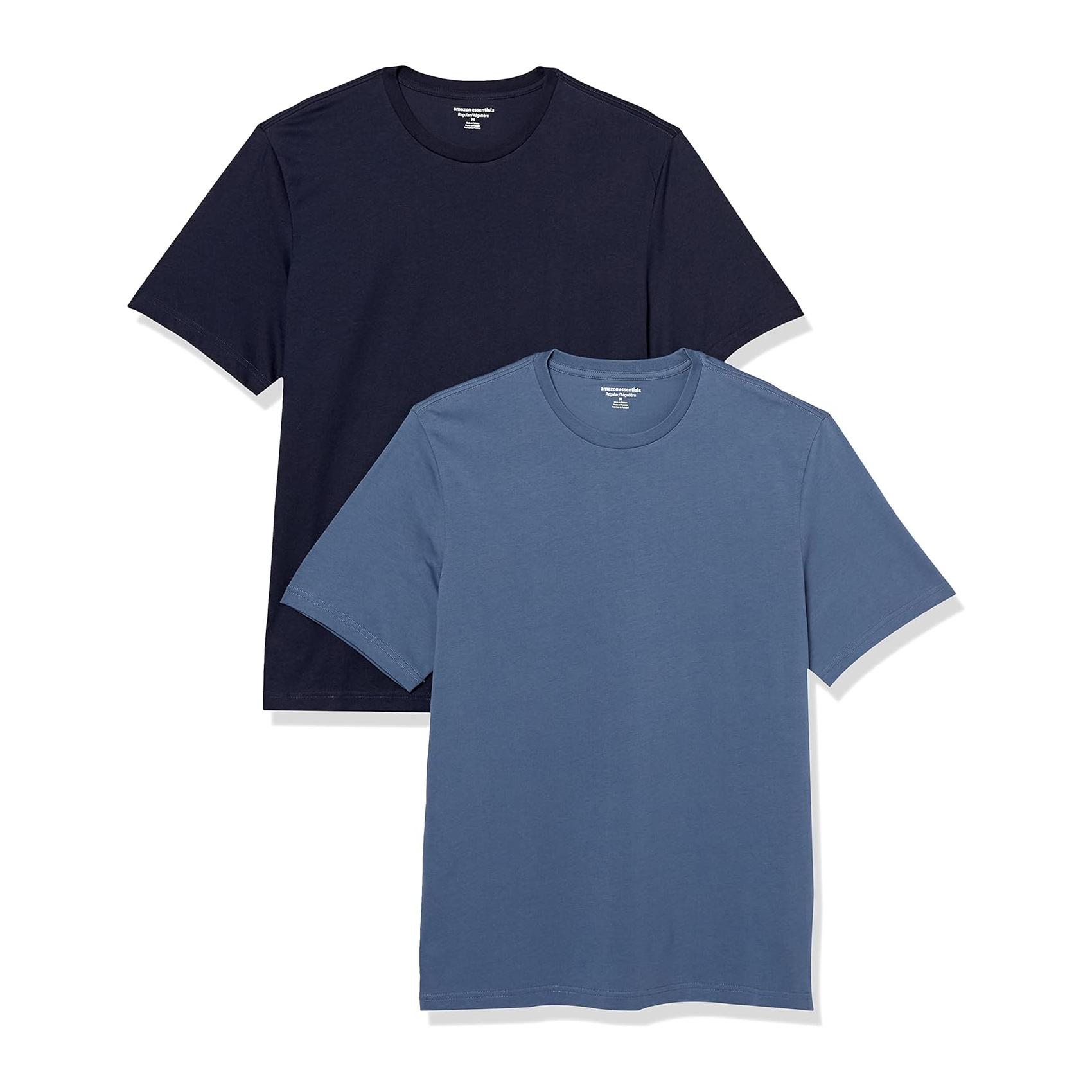 (L) T-Shirt Manga Curta Algodão Amazon Essentials Regular Fit Pack 2 Azul Escuro e Marinho Homem