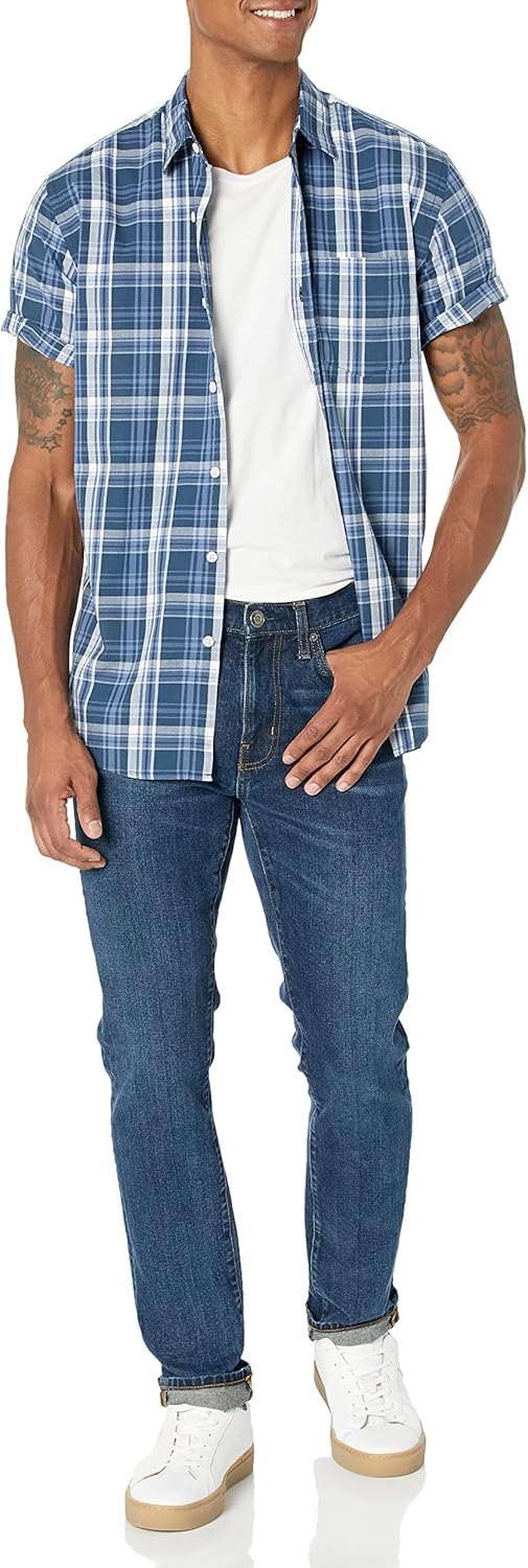 81Cunx53DBL._AC_SL1500_ (XL) Camisa Manga Curta Popelina Amazon Essentials Corte Regular Azul Liso