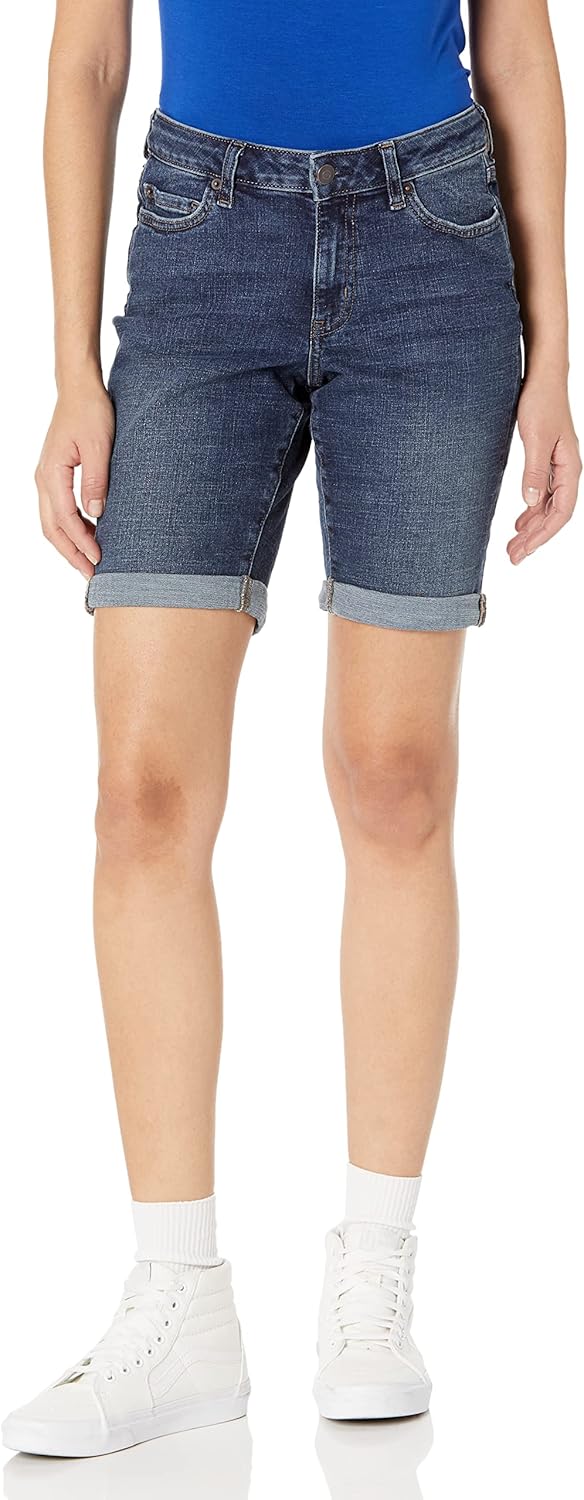 (46) Calções tecido jeans de corte ajustado de 23 cm Denim Escuro - Mulher
