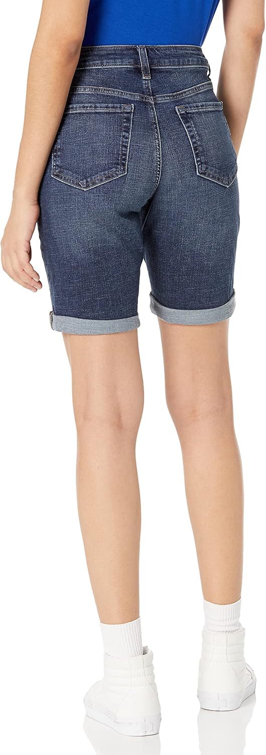 (46) Calções tecido jeans de corte ajustado de 23 cm Denim Escuro - Mulher