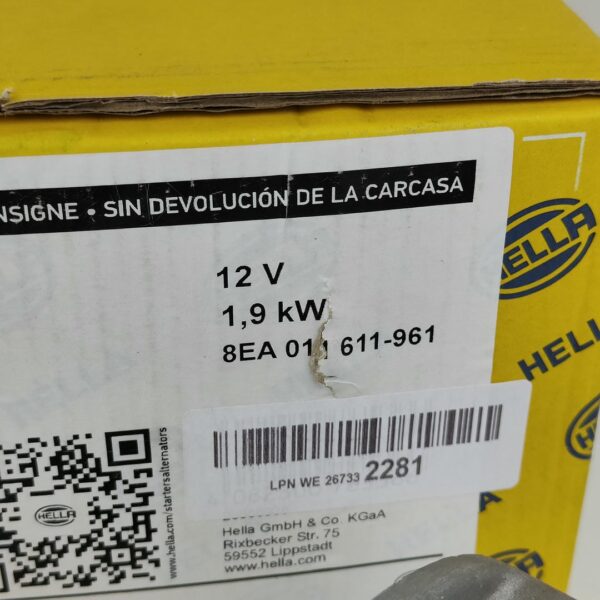 HELLA 8EA 011 611-961 Motor de arranque 12V 1.9 kW 13 Dentes 77 mm (4082300765366)