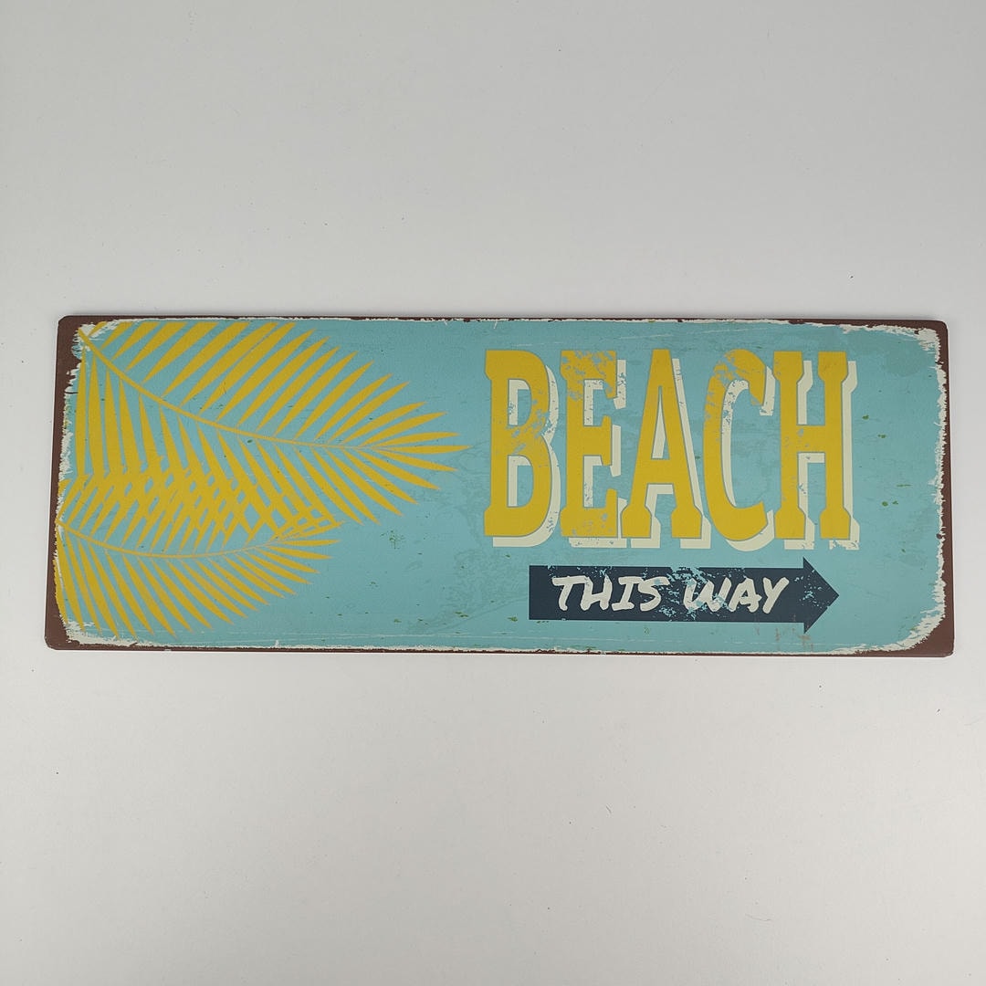 Placa decorativa Vintage em metal - "Beach This Way" (40x15cm) para fixação em parede