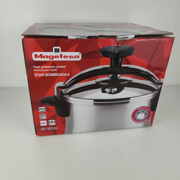 oplus_32 Panela de Pressão Tradicional 8 L Magefesa Star Bombeada apta para Indução Aço Inoxidável 18/10