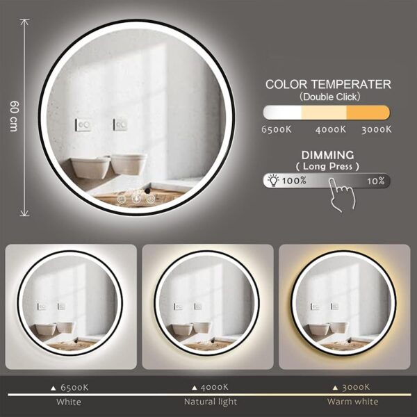 Espelho de casa de banho LED redondo 60 cm relógio e lupa 3X função anti-embaciamento