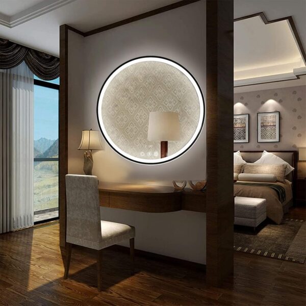 Espelho de casa de banho LED redondo 60 cm relógio e lupa 3X função anti-embaciamento