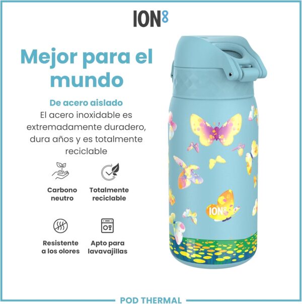 Garrafa Térmica 320ml Aço Inoxidável para Crianças ion8 Design Mariposas