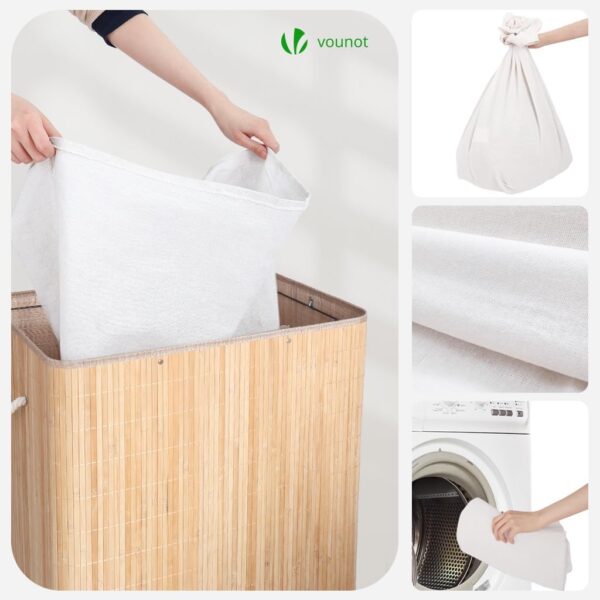 Cesto de Roupa Suja Dobrável VOUNOT Bambú com Tampa e 2 Sacos Laváveis 150 L com 3 Compartimentos
