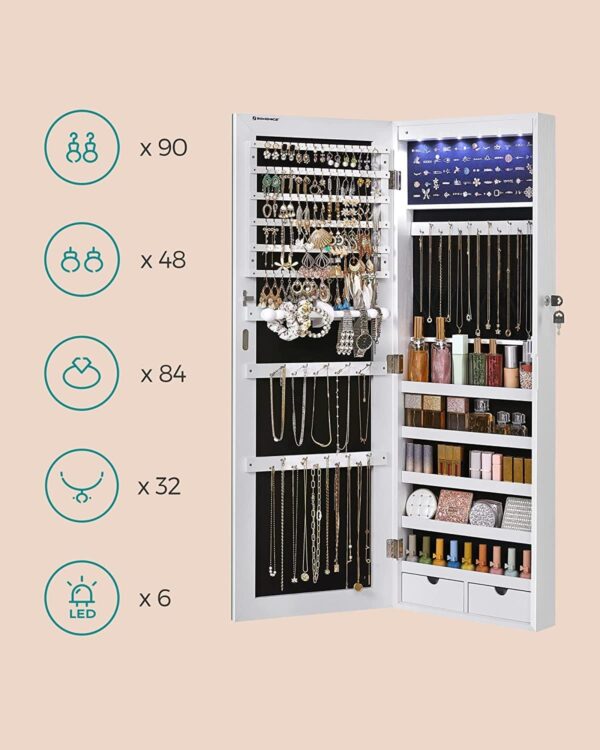 fourth_B07Q2RKC7D_147_130326 Espelho Armário de Joias com LEDs e 2 Gavetas 108x37x10 cm para Parede ou Porta Branco SONGMICS