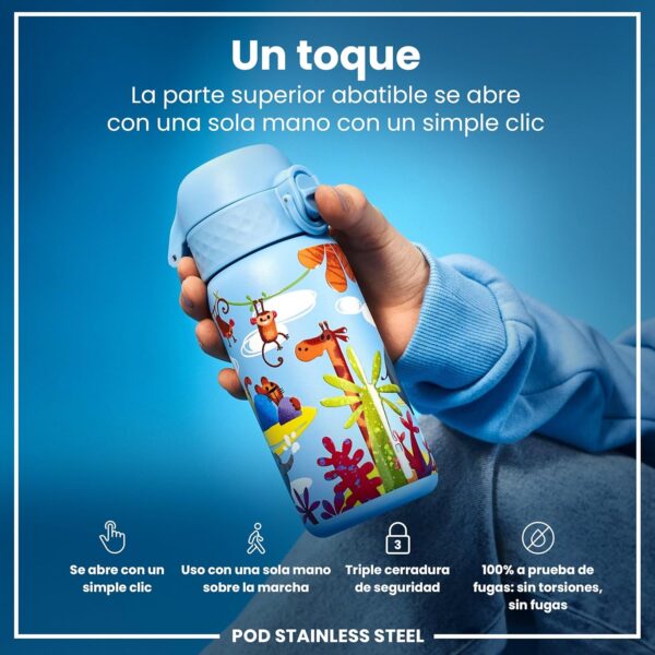 Garrafa de Água 400ml Inox Ion8 para Crianças com Tampa Abatível e Fecho Seguro Safari
