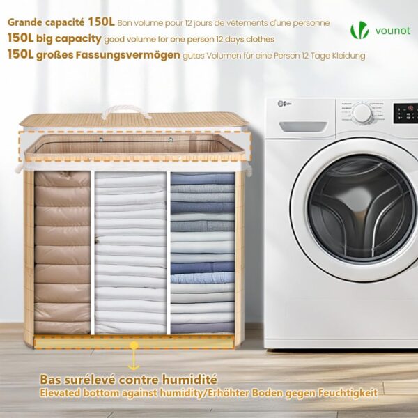Cesto de Roupa Suja Dobrável VOUNOT Bambú com Tampa e 2 Sacos Laváveis 150 L com 3 Compartimentos