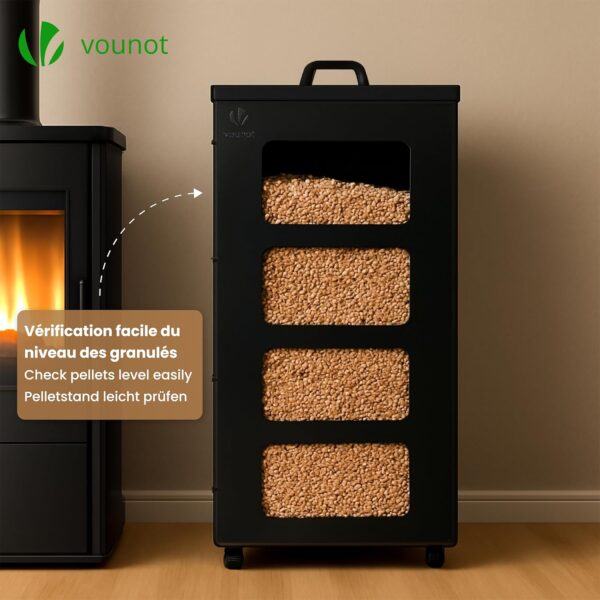 Depósito de Pellets VOUNOT 45 Kg com Rodas 36x36x76 cm Preto