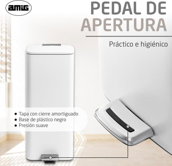Caixote do Lixo com Pedal 30 L Amig Artvin Abertura Higiénica Sem Mãos Branco Aço Inox Lacado