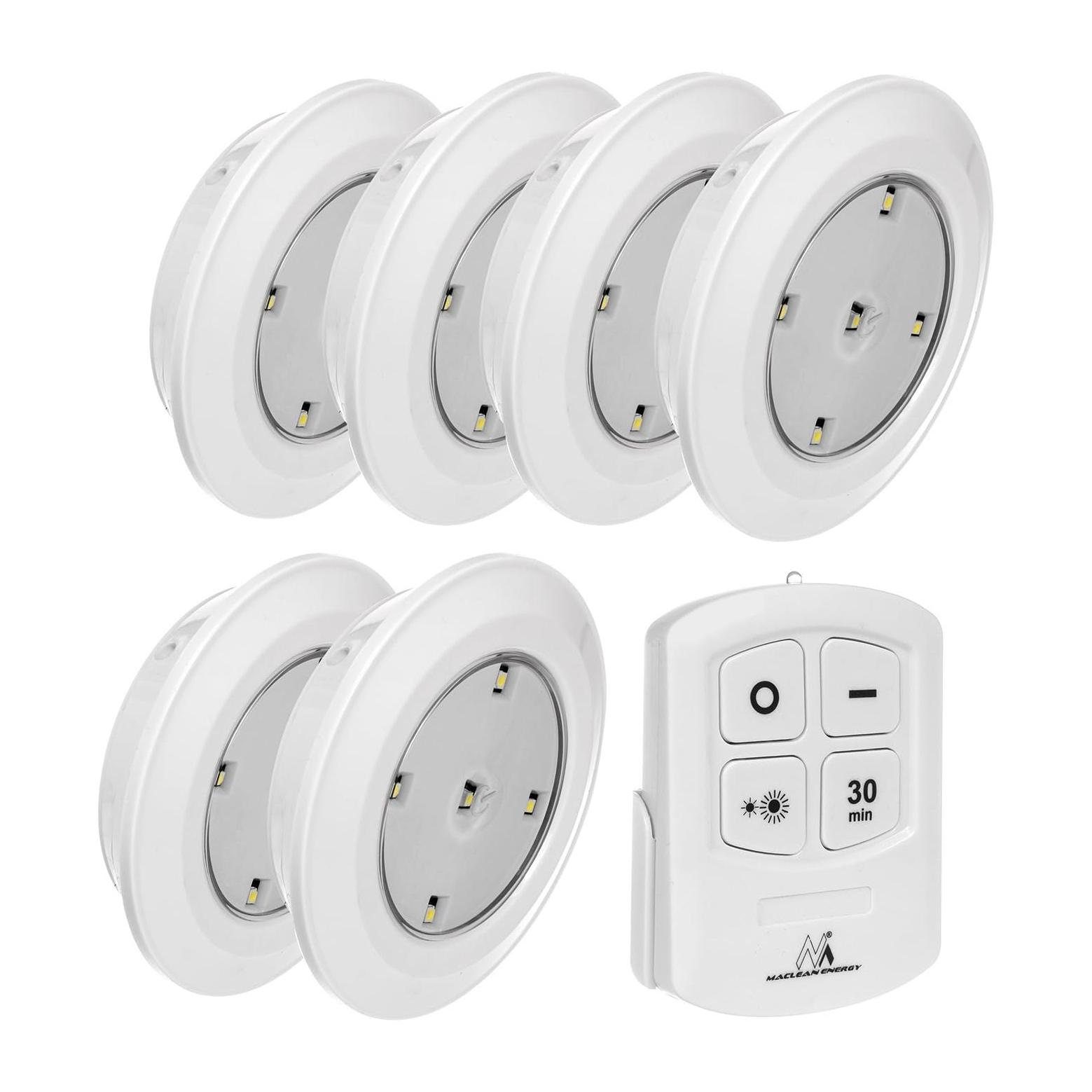 Pack luzes LED a pilhas x6 Maclean MCE165 com comando para Iluminação de Teto/Parede Fixação sem furar