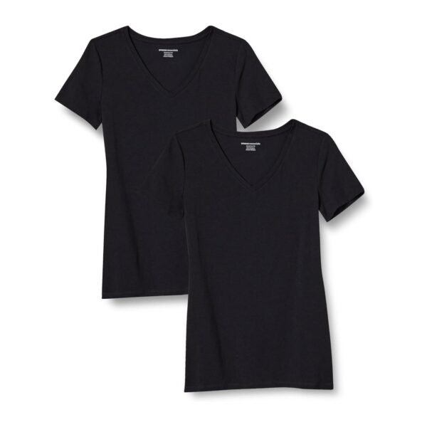 (XXL) T-Shirt de Manga Curta Amazon Essentials Regular-Fit Gola V Mulher Pack de 2 Preto