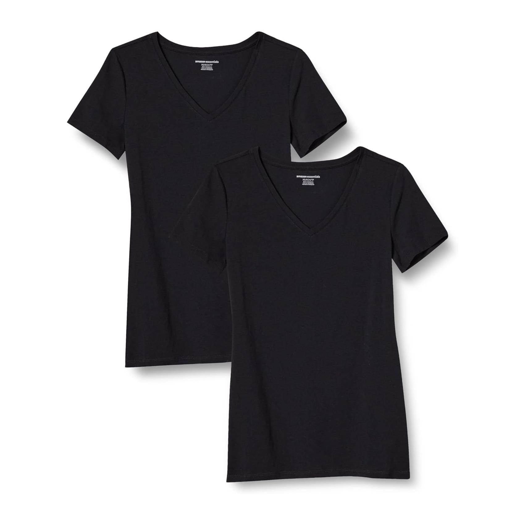 (XXL) T-Shirt de Manga Curta Amazon Essentials Regular-Fit Gola V Mulher Pack de 2 Preto
