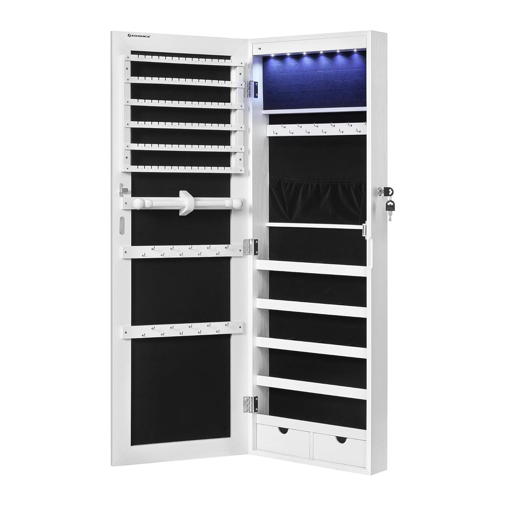 Espelho Armário de Joias com LEDs e 2 Gavetas 108x37x10 cm para Parede ou Porta Branco SONGMICS
