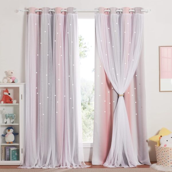 Cortinados Opacos NICETOWN 132x240 cm Criança Termo-isolantes Estrelas Ocas e Rede Rosa-Gris