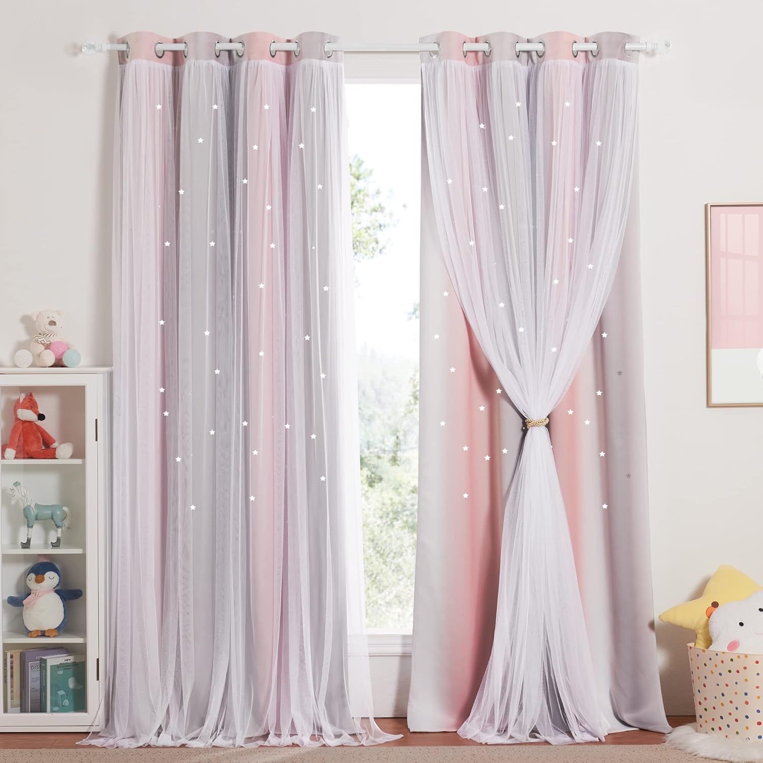 Cortinados Opacos NICETOWN 132x240 cm Criança Termo-isolantes Estrelas Ocas e Rede Rosa-Gris