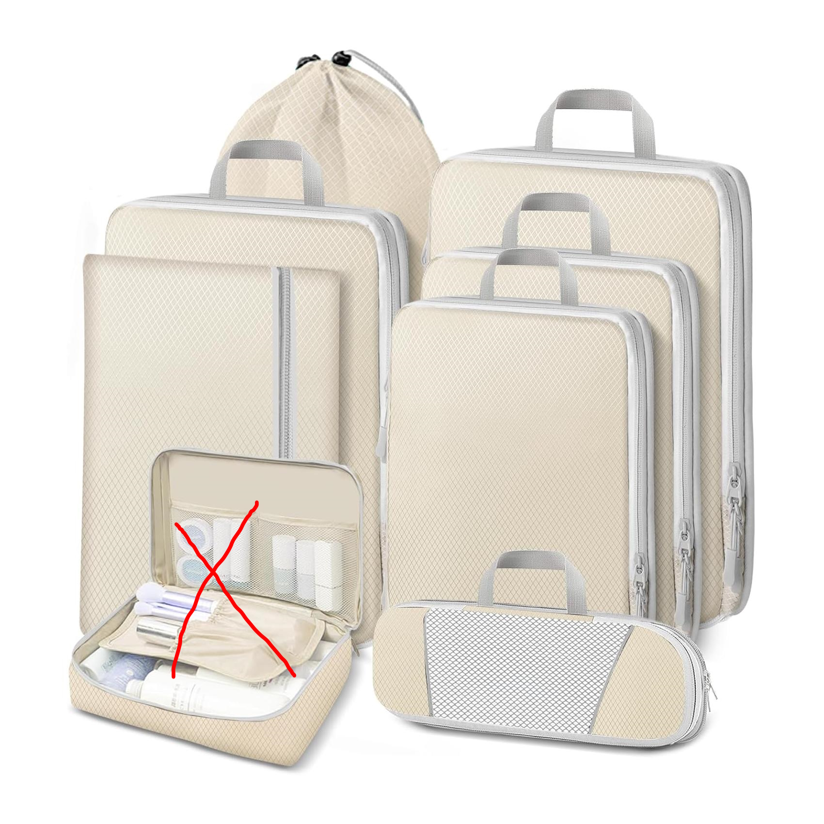Conjunto de 7 Organizadores de Bagagem Lannvan para Roupas e Cosméticos - Bege