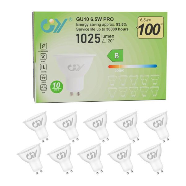 Pack 10 Lâmpadas LED GU10 6.5 W 1025LM 3000K Branco Quente Não Reguláveis 110 Graus
