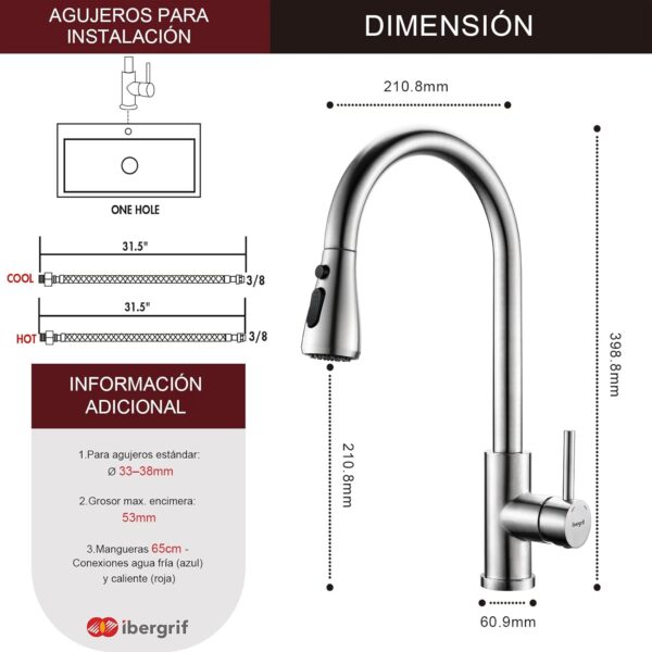 Torneira de Cozinha Monocomando Ibergrif M22136 Extraível 3 Modos Latão Cromado