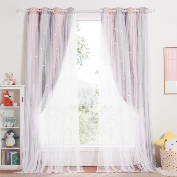 Cortinados Opacos NICETOWN 132x240 cm Criança Termo-isolantes Estrelas Ocas e Rede Rosa-Gris