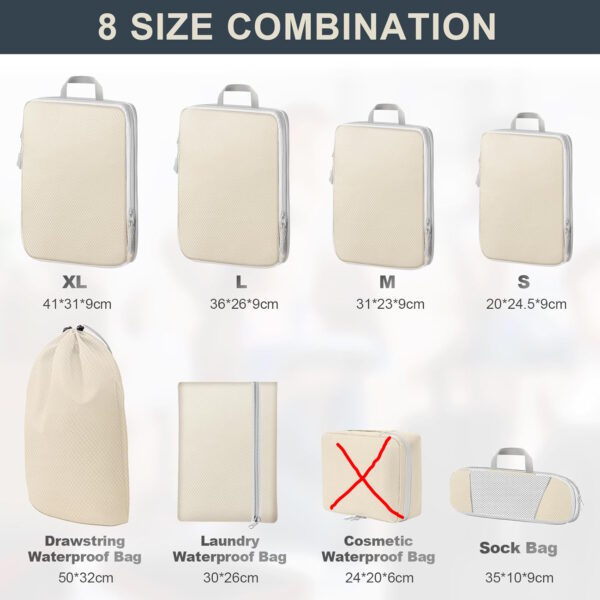 Conjunto de 7 Organizadores de Bagagem Lannvan para Roupas e Cosméticos - Bege