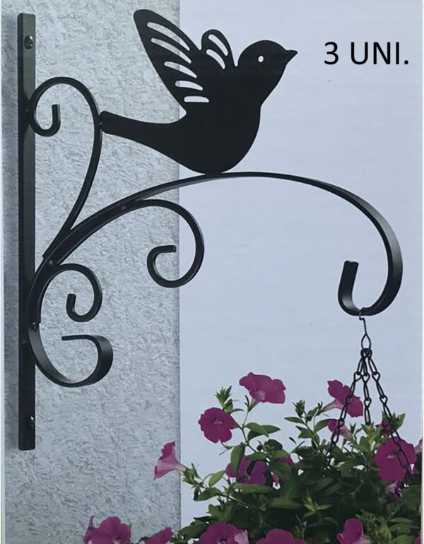 3 Suportes Decorativos de Parede em Ferro para Vasos - Gancho com Pássaro (30 × 28 cm até 10 kg)