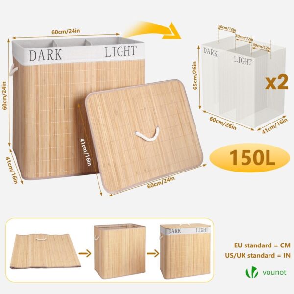 Cesto de Roupa Suja Dobrável VOUNOT Bambú com Tampa e 2 Sacos Laváveis 150 L com 3 Compartimentos