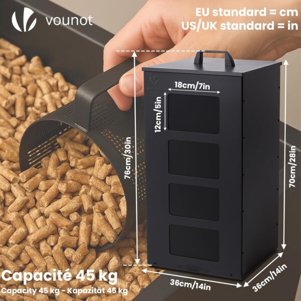 Depósito de Pellets VOUNOT 45 Kg com Rodas 36x36x76 cm Preto
