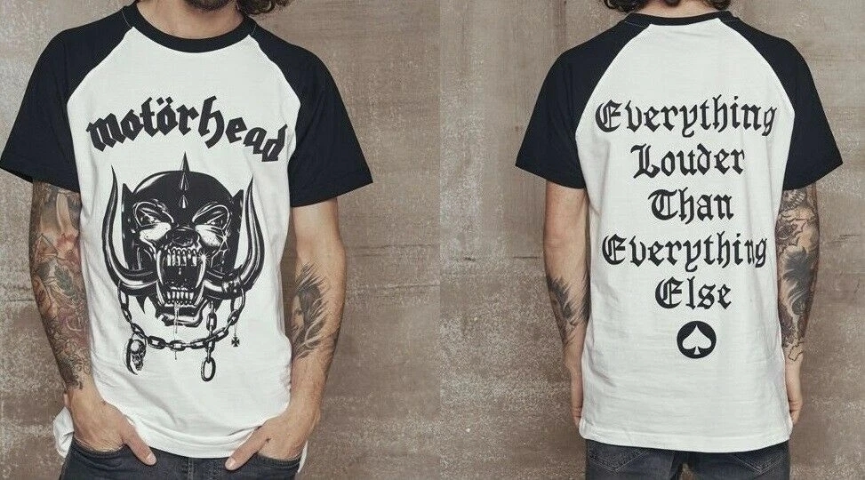 (L) T-Shirt Oficial Motörhead Raglan para Homem - “Everything is Louder with Lemmy” (Branco/Preto)