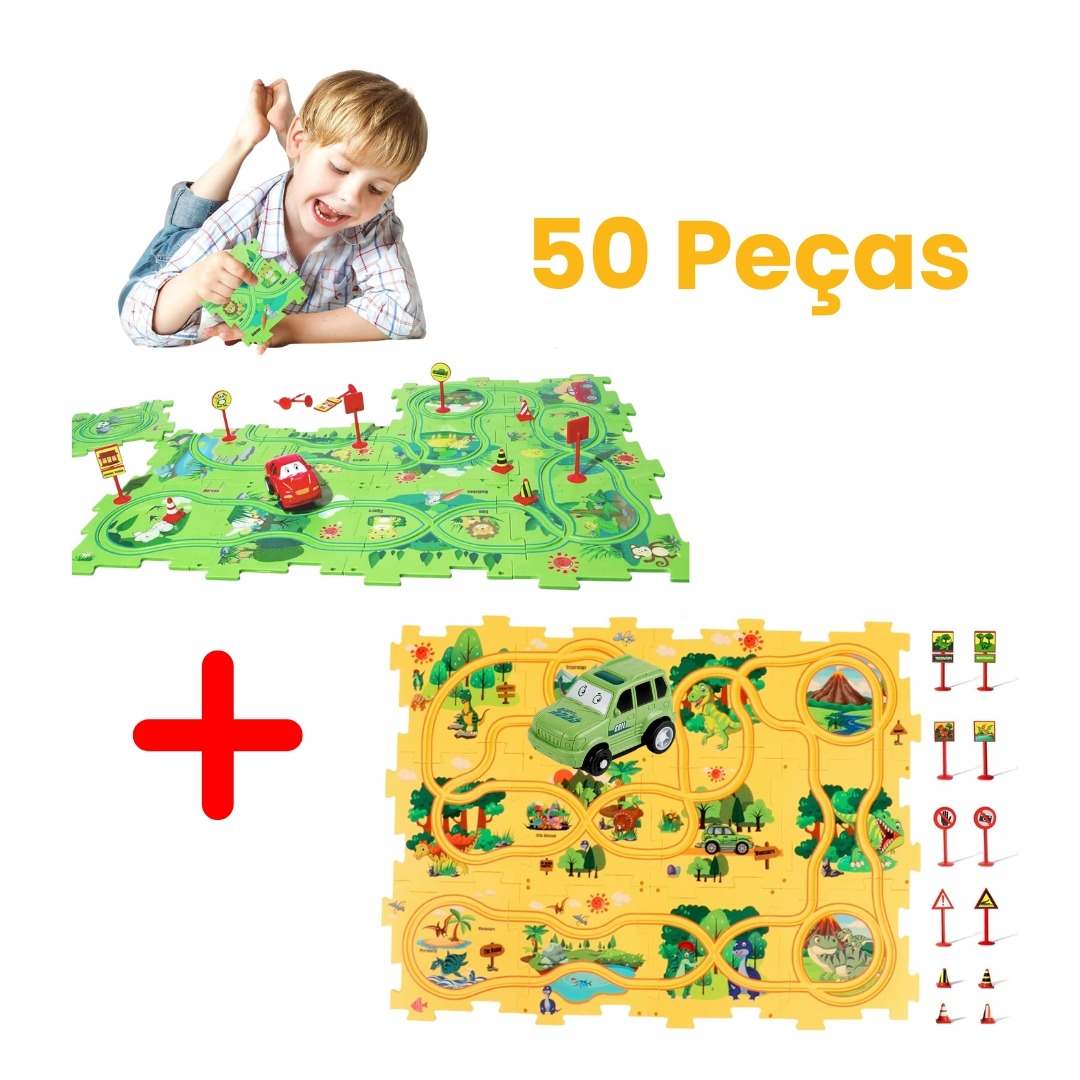 Pista de Carros Educativa com Carro Elétrico Dinossauros e Floresta para Crianças 50 Peças